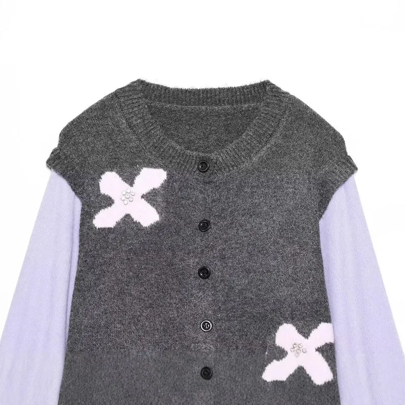 Damen Strickcardigan mit Zierblüten‑Applikation und kontrastärmeln Nord Taschen