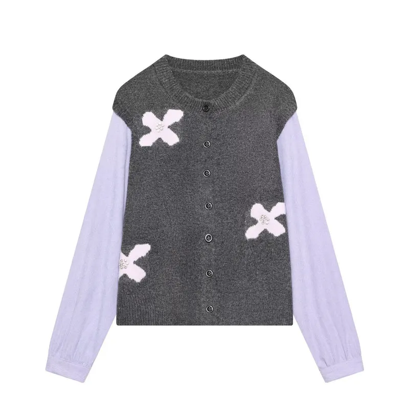Damen Strickcardigan mit Zierblüten‑Applikation und kontrastärmeln Nord Taschen