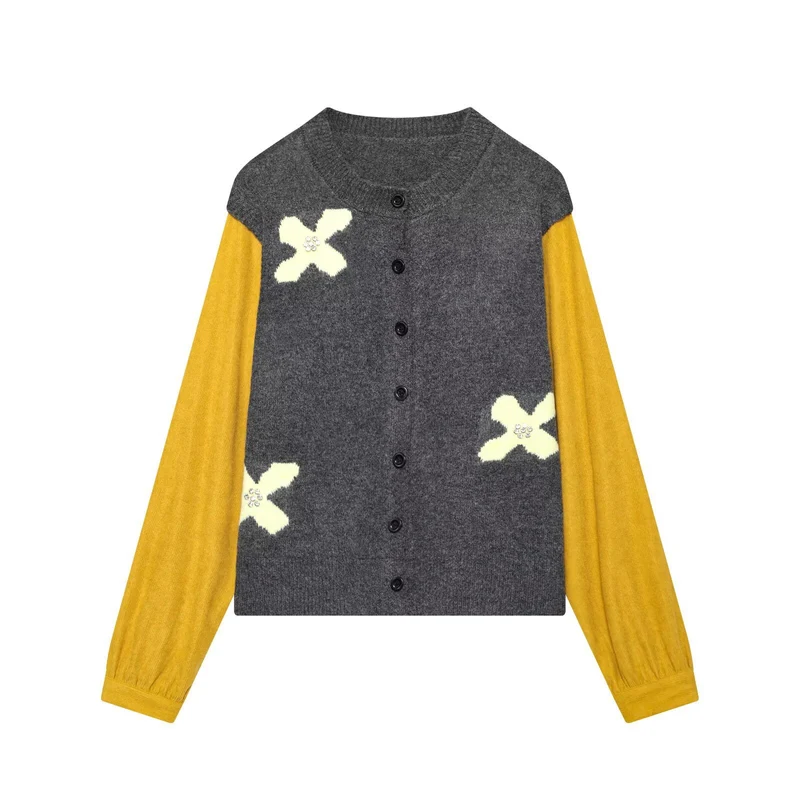 Damen Strickcardigan mit Zierblüten‑Applikation und kontrastärmeln Nord Taschen