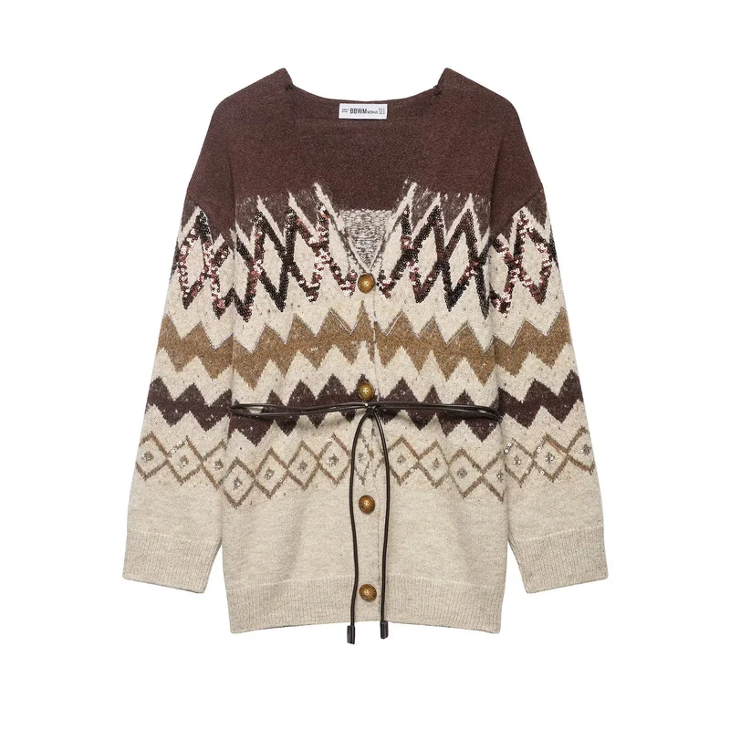 Damen Strickcardigan mit Zickzack-Jacquard, Paillettenbesatz und Taillengürtel Nord Taschen