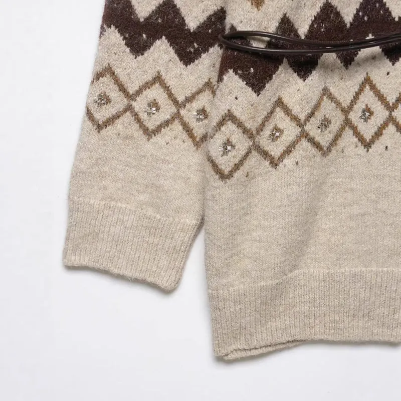 Damen Strickcardigan mit Zickzack-Jacquard, Paillettenbesatz und Taillengürtel Nord Taschen