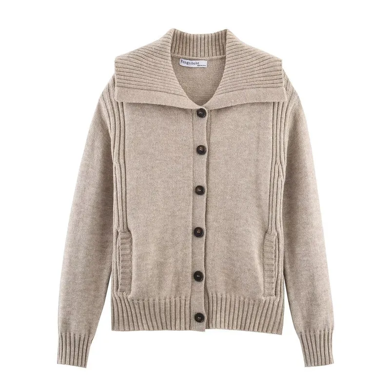 Damen Strickcardigan mit oversized Segelkragen und Zopfmuster-Details Nord Taschen