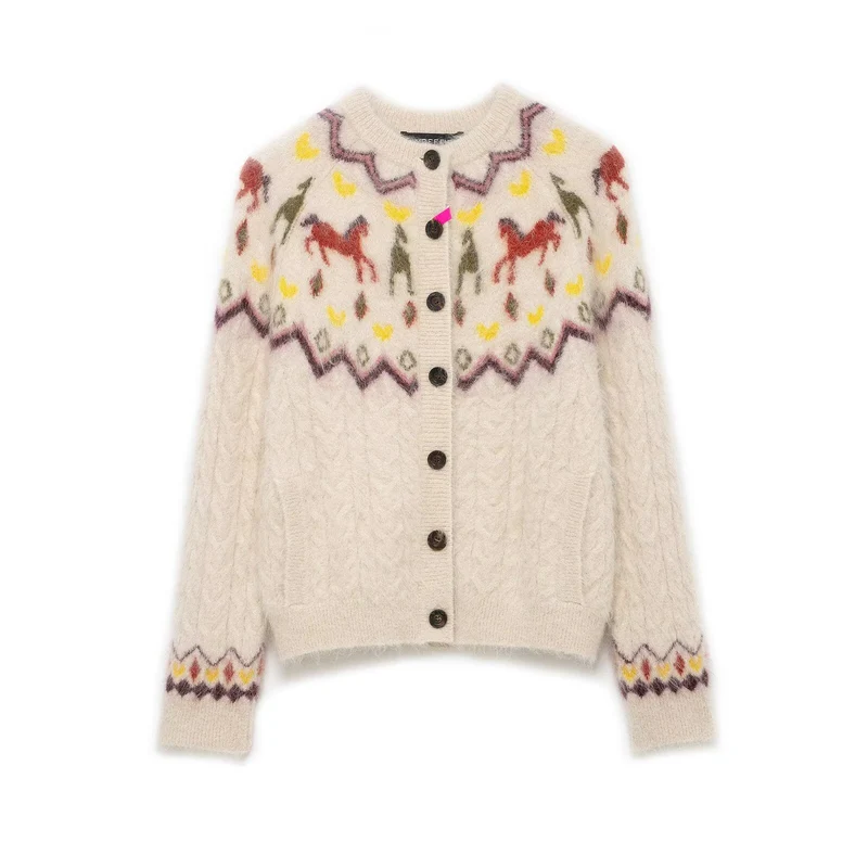 Damen Strickcardigan mit Norwegermuster und Pferde-Motiv, Zopfmuster und Knopfleiste Nord Taschen