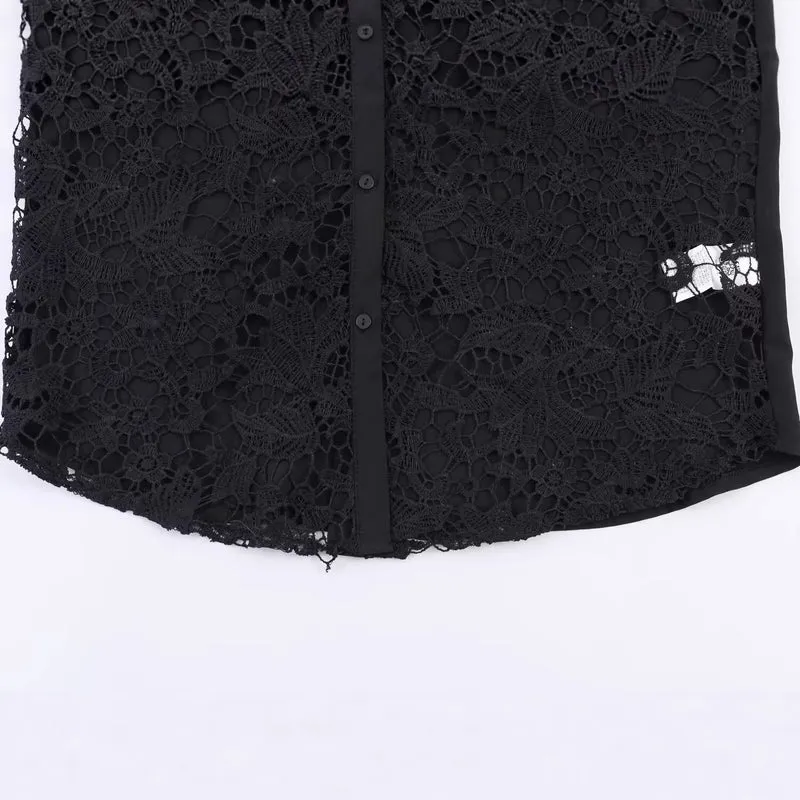 Damen Spitzenbluse mit floraler Spitze vorn, Satinärmeln und klassischem Hemdkragen Nord Taschen