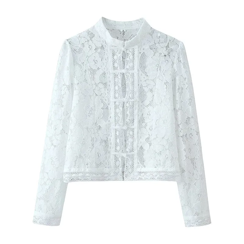 Damen Spitze Jacke mit Stehkragen, chinesischen Knoten und transparentem Floral-Design Nord Taschen