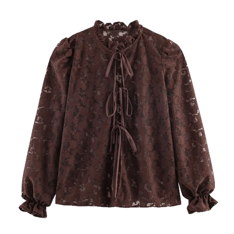 Damen Semi-transparente Jacquard‑Spitzenbluse mit Stehvolant, Kordelbindern und Ballonärmeln Nord Taschen