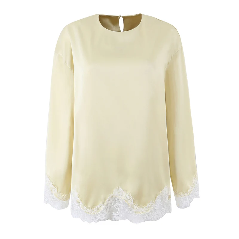 Damen Seidiges Langarmshirt mit Spitzenbesatz am Saum und Manschetten Nord Taschen