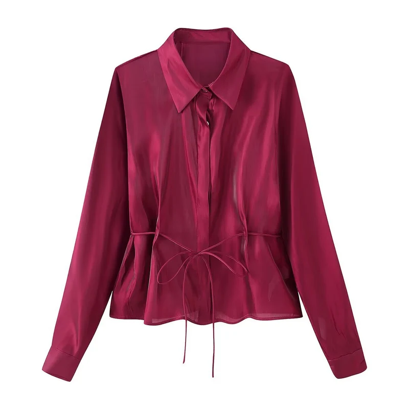 Damen Seidige Hemdbluse mit Taillenband und verdeckter Knopfleiste Nord Taschen