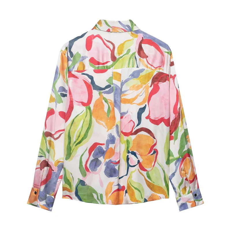 Damen Seidenimitat-Bluse mit Aquarell-Print und Hemdkragen Nord Taschen