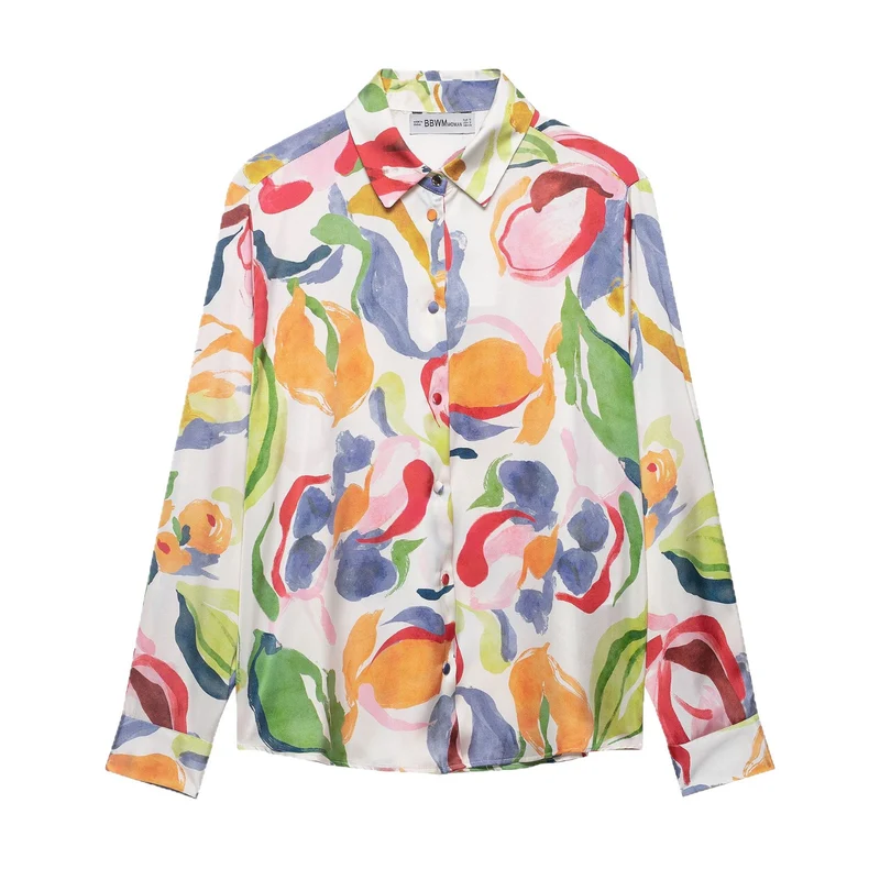 Damen Seidenimitat-Bluse mit Aquarell-Print und Hemdkragen Nord Taschen