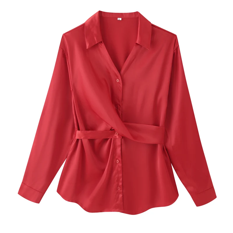 Damen Seidenglänzende Hemdbluse mit Bindegürtel und taillierendem Wickeldetail Nord Taschen