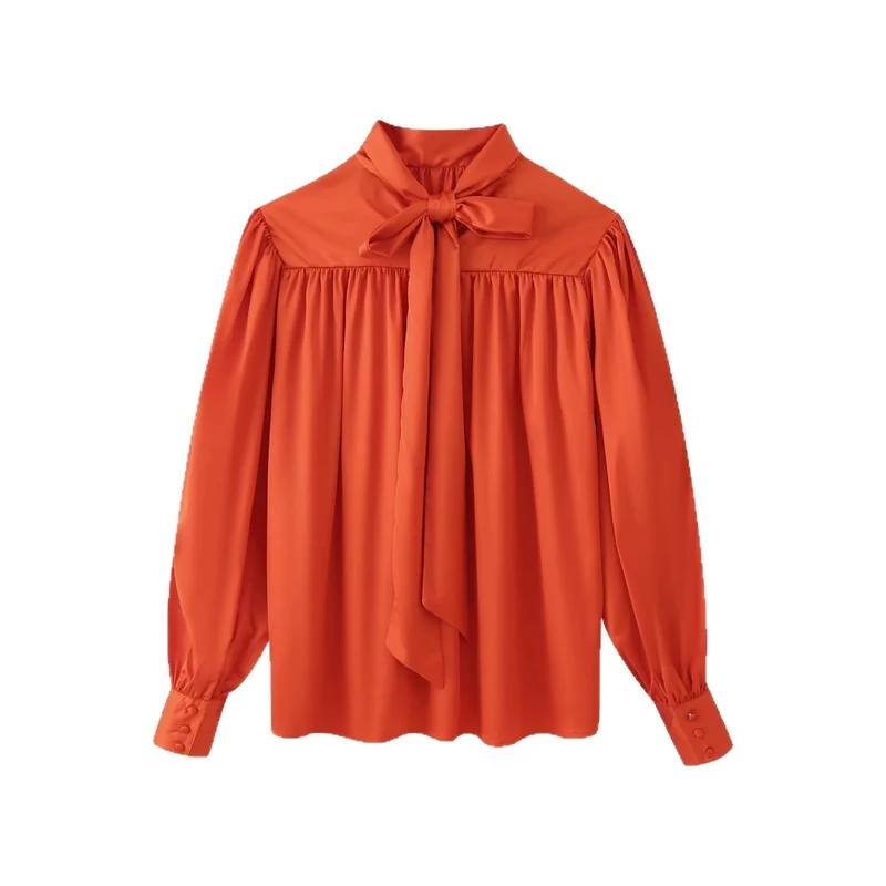 Damen Seidenähnliche Schluppebluse mit geraffter Schulterpasse und Ballonärmeln Nord Taschen