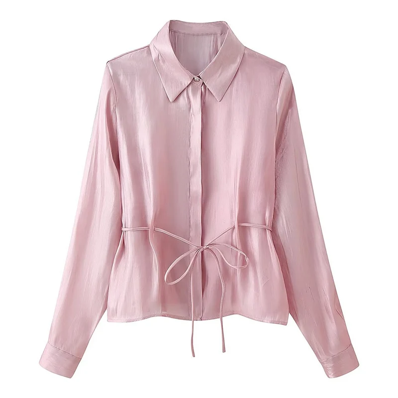 Damen Seidenähnliche Bluse mit Taillen-Zugband und verdeckter Knopfleiste Nord Taschen
