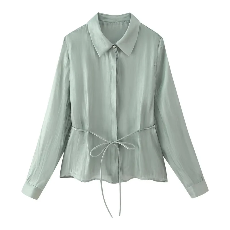 Damen Seidenähnliche Bluse mit Taillen-Zugband und verdeckter Knopfleiste Nord Taschen