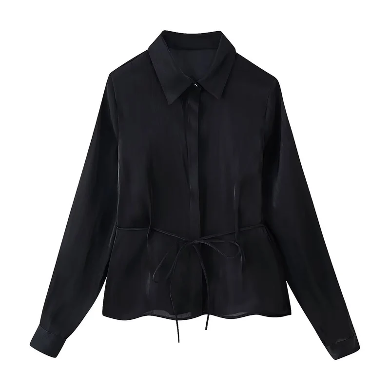Damen Seidenähnliche Bluse mit Taillen-Zugband und verdeckter Knopfleiste Nord Taschen