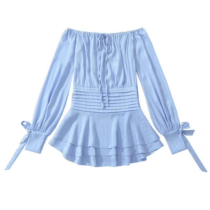 Damen Schulterfreies Off-Shoulder-Blusen- und Plissee-Minirock-Set aus Leichtstoff Nord Taschen