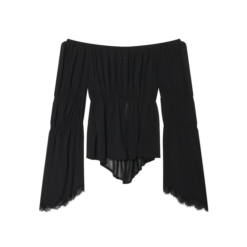 Damen Schulterfreies Chiffon-Top mit Carmen-Ausschnitt, geraffter Taille und voluminösen Volantärmeln Nord Taschen