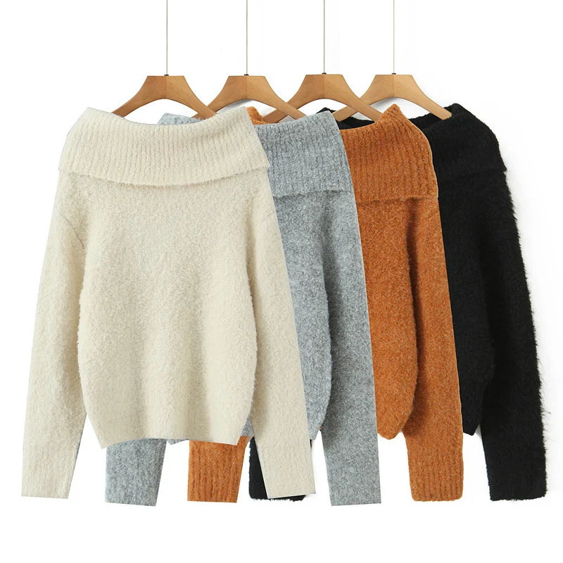 Damen Schulterfreier Oversized-Strickpullover mit weitem Umschlagkragen und voluminösen Ärmeln Nord Taschen