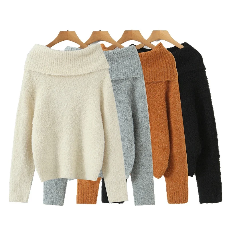 Damen Schulterfreier Oversized-Strickpullover mit weitem Umschlagkragen und voluminösen Ärmeln Nord Taschen