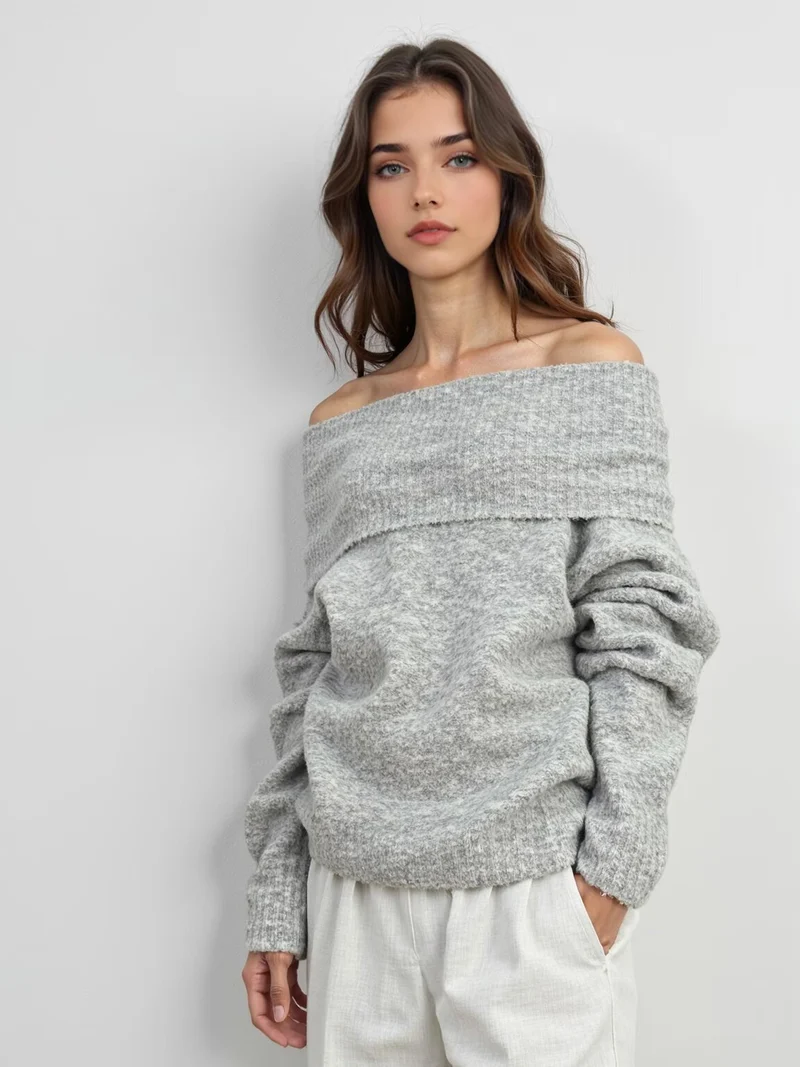 Damen Schulterfreier Oversized-Strickpullover mit weitem Umschlagkragen und voluminösen Ärmeln Nord Taschen