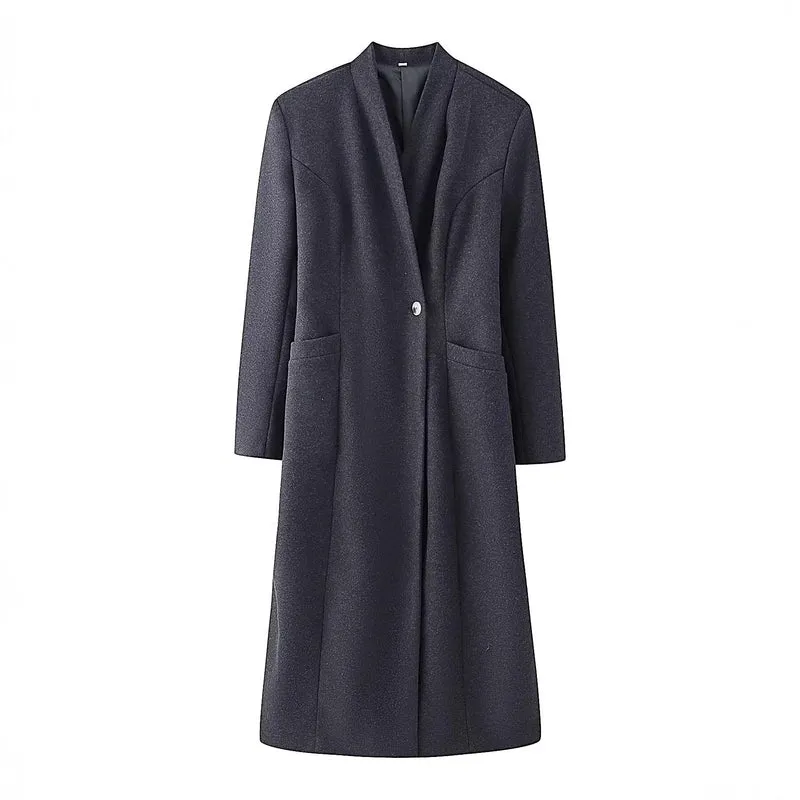 Damen Schlichter Midi-Mantel aus Wollmix mit V‑Kragen, Taillierungsnähten und seitlichen Eingrifftaschen Nord Taschen