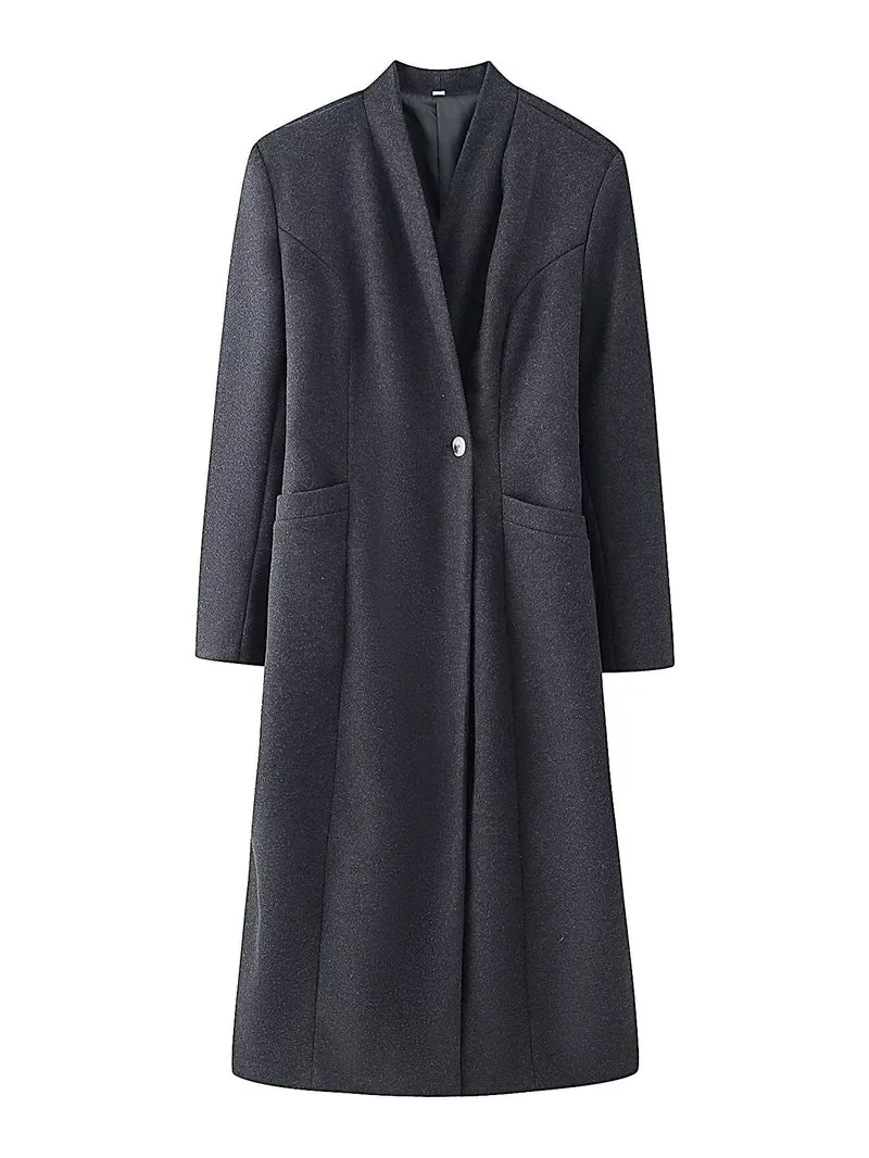 Damen Schlichter Midi-Mantel aus Wollmix mit V‑Kragen, Taillierungsnähten und seitlichen Eingrifftaschen Nord Taschen