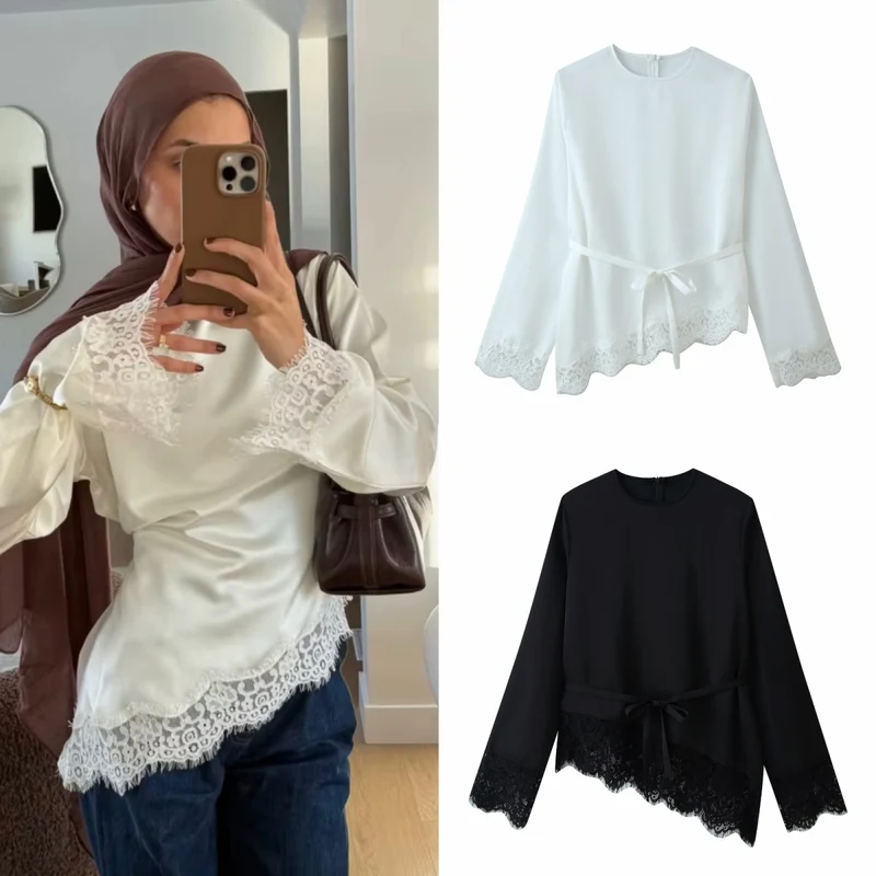 Damen Satinbluse mit Spitzenbesatz, Scallop-Saum und weitem Ärmel Nord Taschen