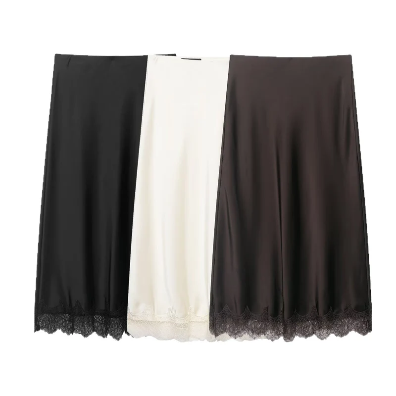 Damen Satin-Midirock mit ausgestellter A‑Linie und Spitzenbesatz Nord Taschen