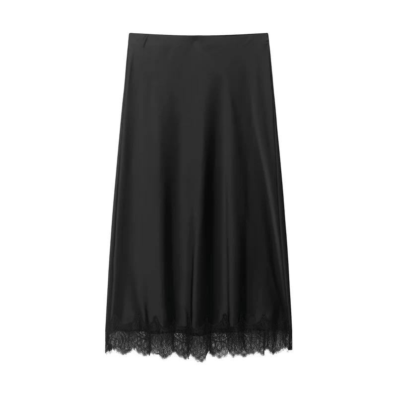 Damen Satin-Midirock mit ausgestellter A‑Linie und Spitzenbesatz Nord Taschen