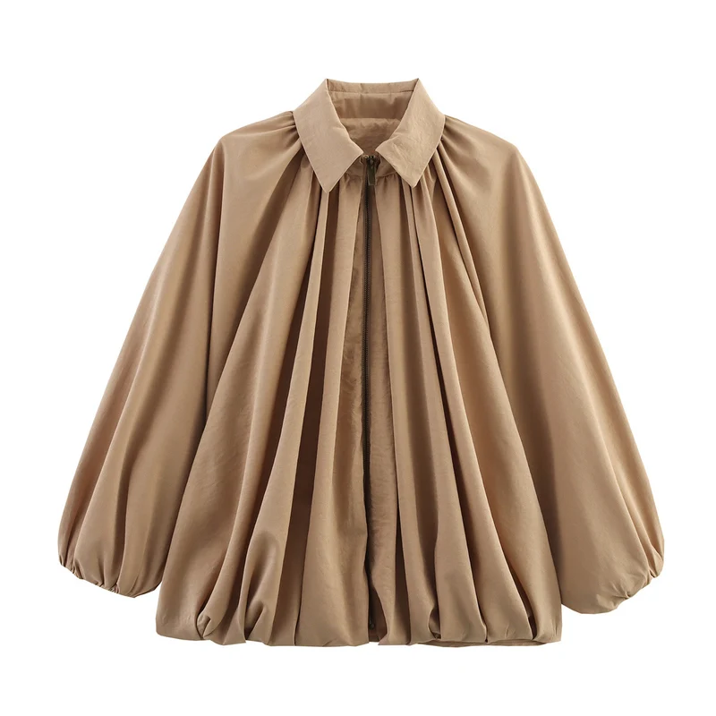 Damen Satin-Cape-Bluse mit Reißverschluss, Ballonärmeln und gerafftem Saum Nord Taschen