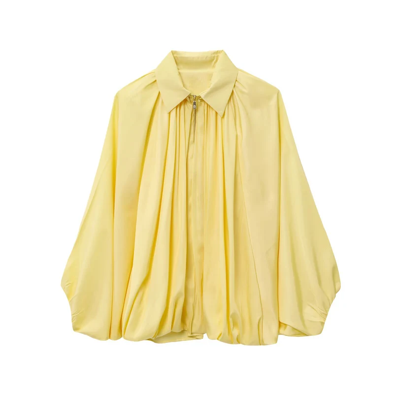 Damen Satin-Cape-Bluse mit Reißverschluss, Ballonärmeln und gerafftem Saum Nord Taschen