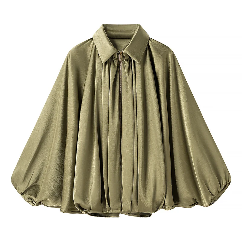 Damen Satin-Cape-Bluse mit Reißverschluss, Ballonärmeln und gerafftem Saum Nord Taschen