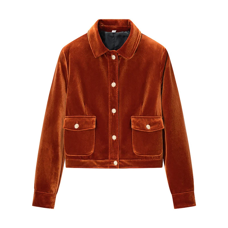 Damen Samt-Boxy-Jacke mit Pattentaschen und goldenen Zierknöpfen Nord Taschen