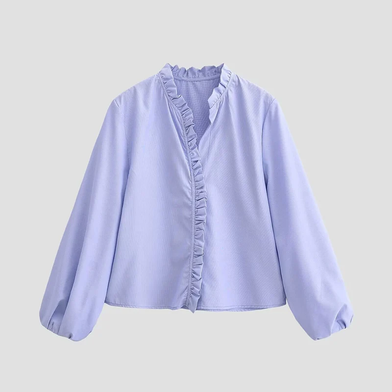 Damen Rüschenbluse mit V-Ausschnitt und Ballonärmeln Nord Taschen
