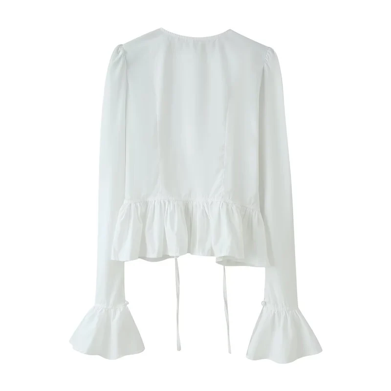 Damen Rüschenbluse mit Kordelzug, Volant-Saum und Glockenärmeln Nord Taschen
