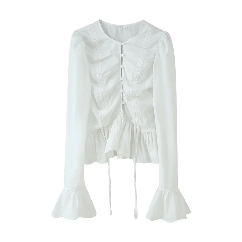 Damen Rüschenbluse mit Kordelzug, Volant-Saum und Glockenärmeln Nord Taschen