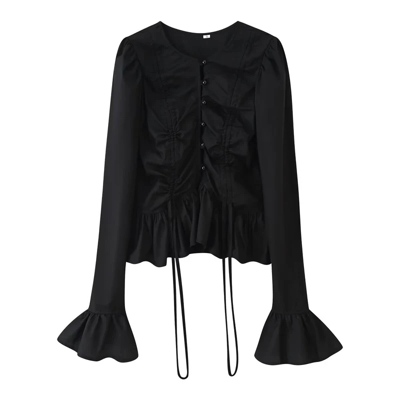 Damen Rüschenbluse mit Kordelzug, Volant-Saum und Glockenärmeln Nord Taschen