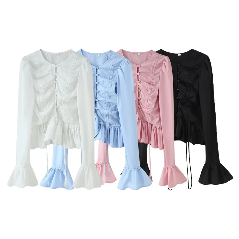 Damen Rüschenbluse mit Kordelzug, geraffter Knopfleiste und Volant-Saum Nord Taschen