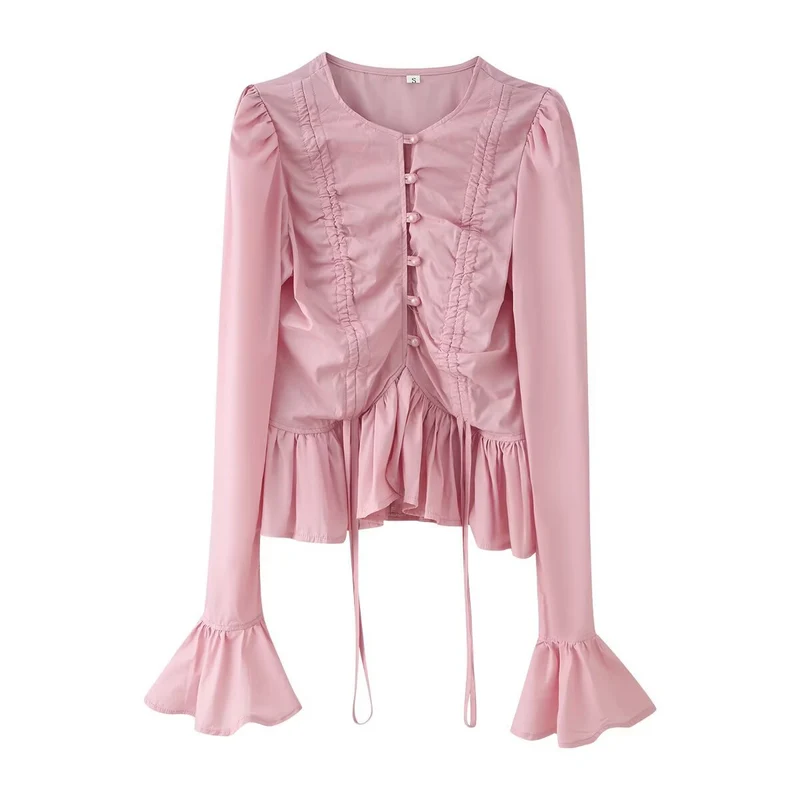 Damen Rüschenbluse mit Kordelzug, geraffter Knopfleiste und Volant-Saum Nord Taschen