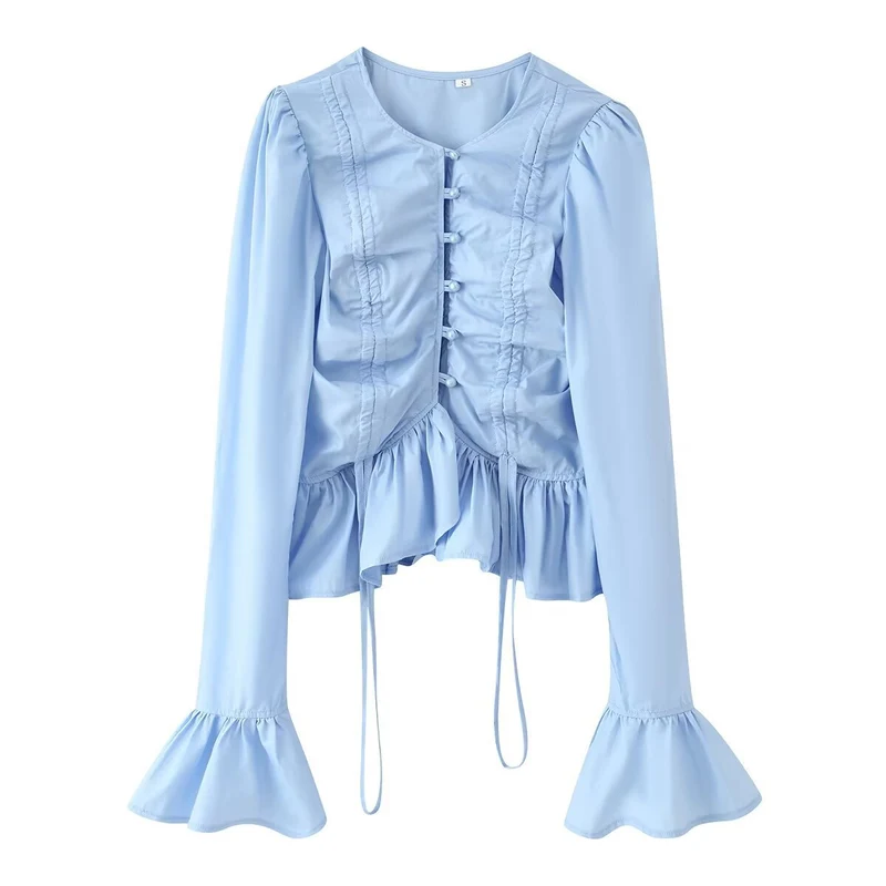 Damen Rüschenbluse mit Kordelzug, geraffter Knopfleiste und Volant-Saum Nord Taschen