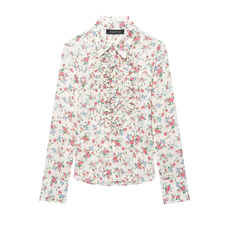 Damen Rüschenbluse mit floralem Allover-Print und Hemdkragen Nord Taschen