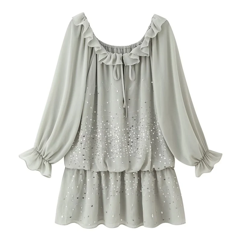 Damen Romantisches Volant‑Chiffon‑Minikleid mit Paillettenbesatz Nord Taschen