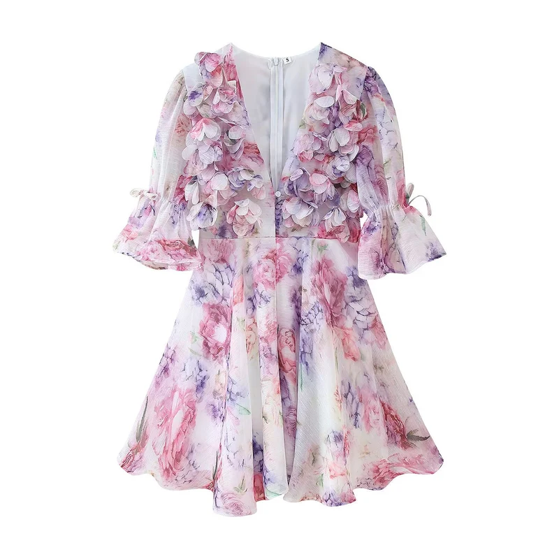 Damen Romantisches Plissiertes Chiffon-Minikleid mit tiefem V-Ausschnitt und Volant-Puffärmeln Nord Taschen