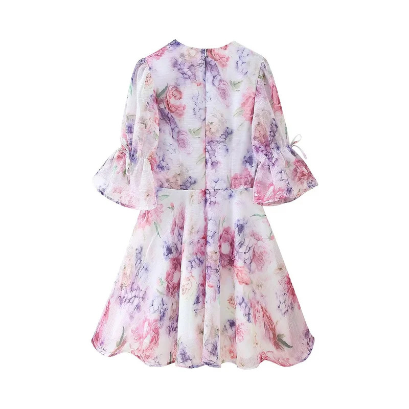 Damen Romantisches Plissiertes Chiffon-Minikleid mit tiefem V-Ausschnitt und Volant-Puffärmeln Nord Taschen