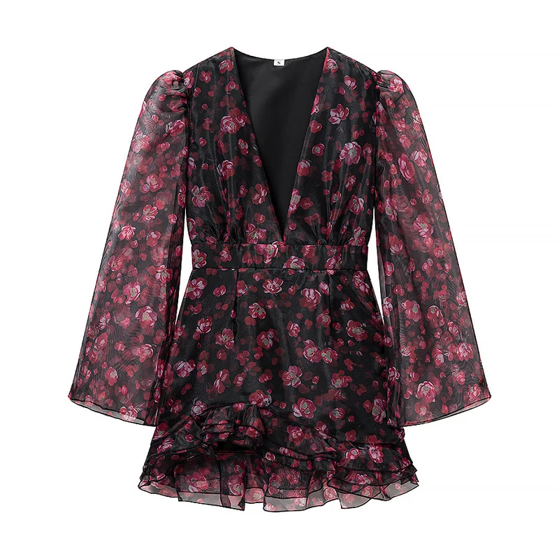 Damen Romantisches Chiffon‑Minikleid mit tiefem V‑Ausschnitt, Volantstufen und Trompetenärmeln Nord Taschen