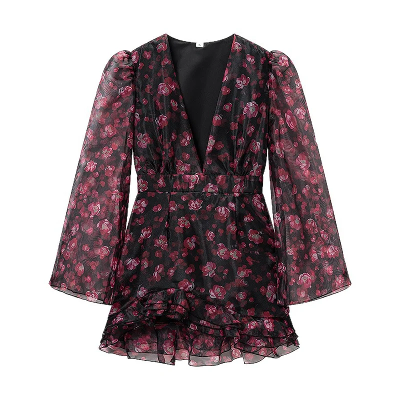 Damen Romantisches Chiffon‑Minikleid mit tiefem V‑Ausschnitt, Volantstufen und Trompetenärmeln Nord Taschen