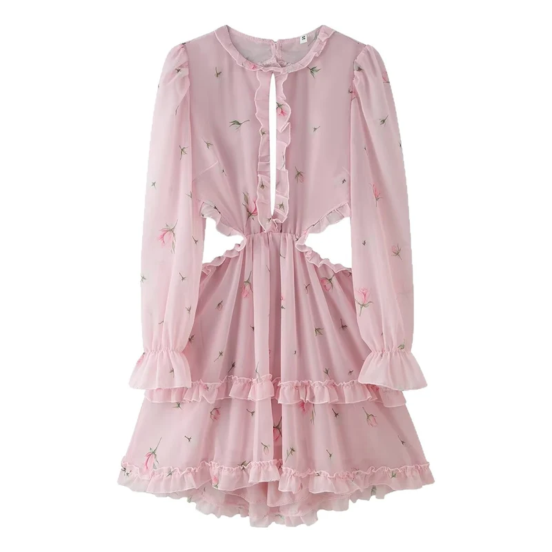 Damen Romantisches Chiffon-Minikleid mit Cut-Out-Seiten, Rüschenbesatz und Volantstufen Nord Taschen