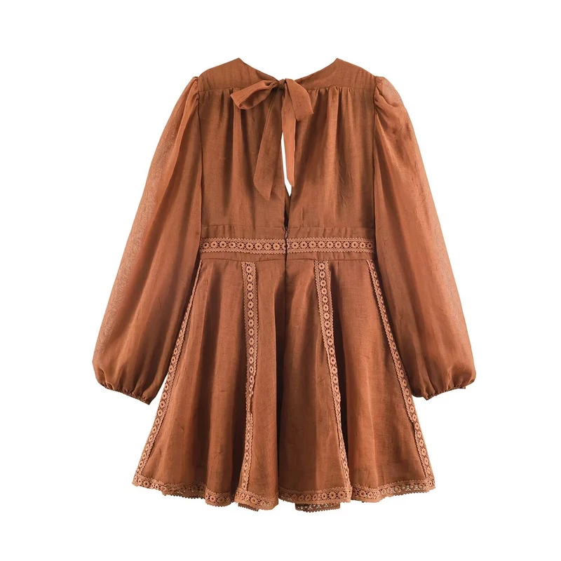 Damen Romantisches A‑Linien Kleid mit V‑Ausschnitt, Spitzenborten und Ballonärmeln Nord Taschen