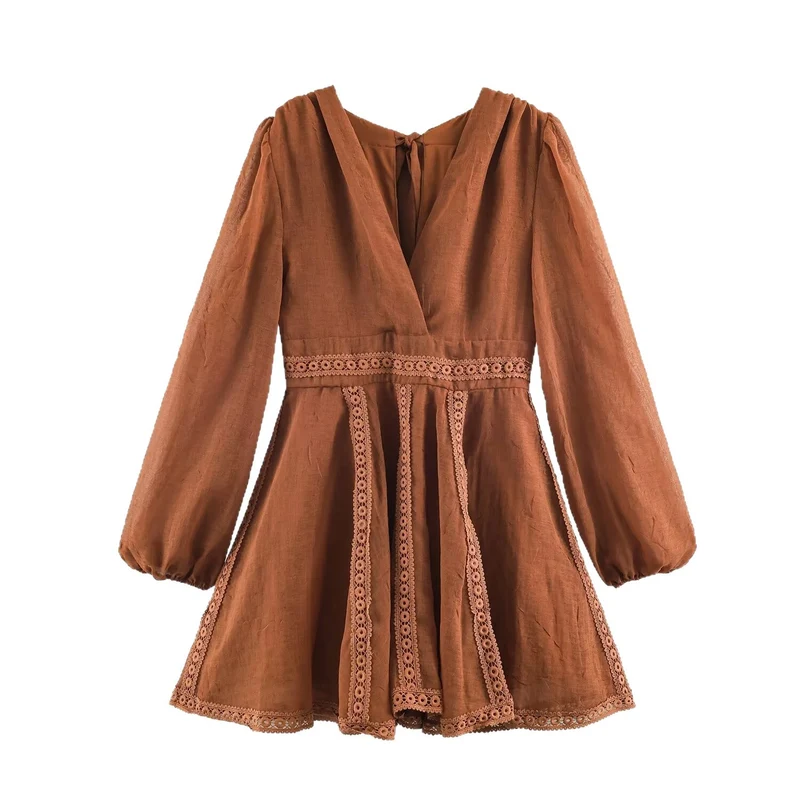 Damen Romantisches A‑Linien Kleid mit V‑Ausschnitt, Spitzenborten und Ballonärmeln Nord Taschen