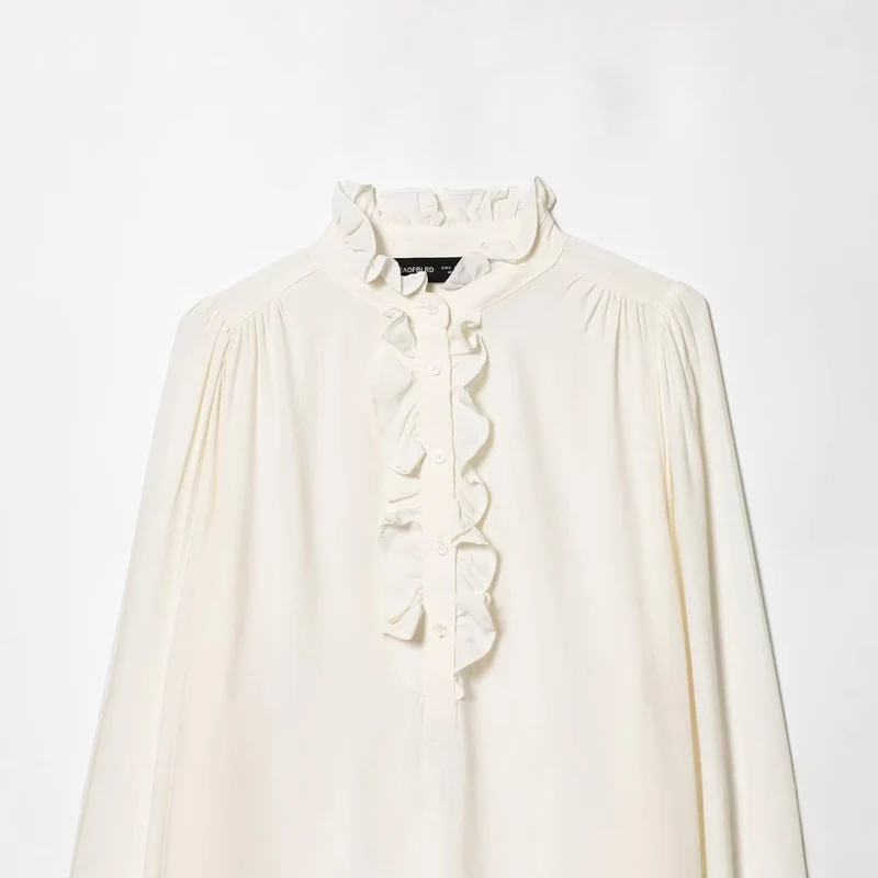 Damen Romantische Rüschenbluse mit Stehkragen, Knopfleiste und Ballonärmeln Nord Taschen
